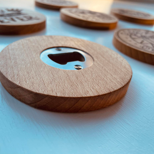 Laser engraved bottle opener coaster-